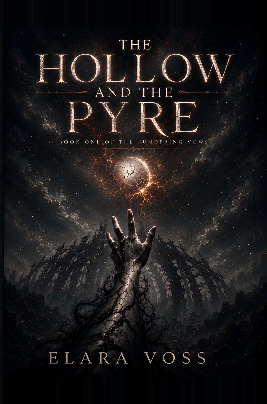 Cover of The Hollow and the Pyre by Elara Voss: a blackened, veined hand reaching toward a cracked, bleeding sun over a ruined skyline.